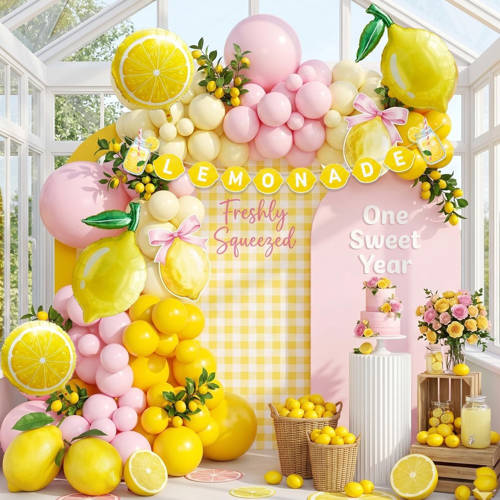 Lemonade Party Decorations Balloon Arch Kit with Lemon Banner, Pink Yellow Le…