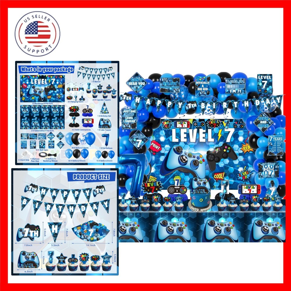 7th Birthday Decorations for Boys, 149Pcs Blue Video Game level 7 Party Suppl…