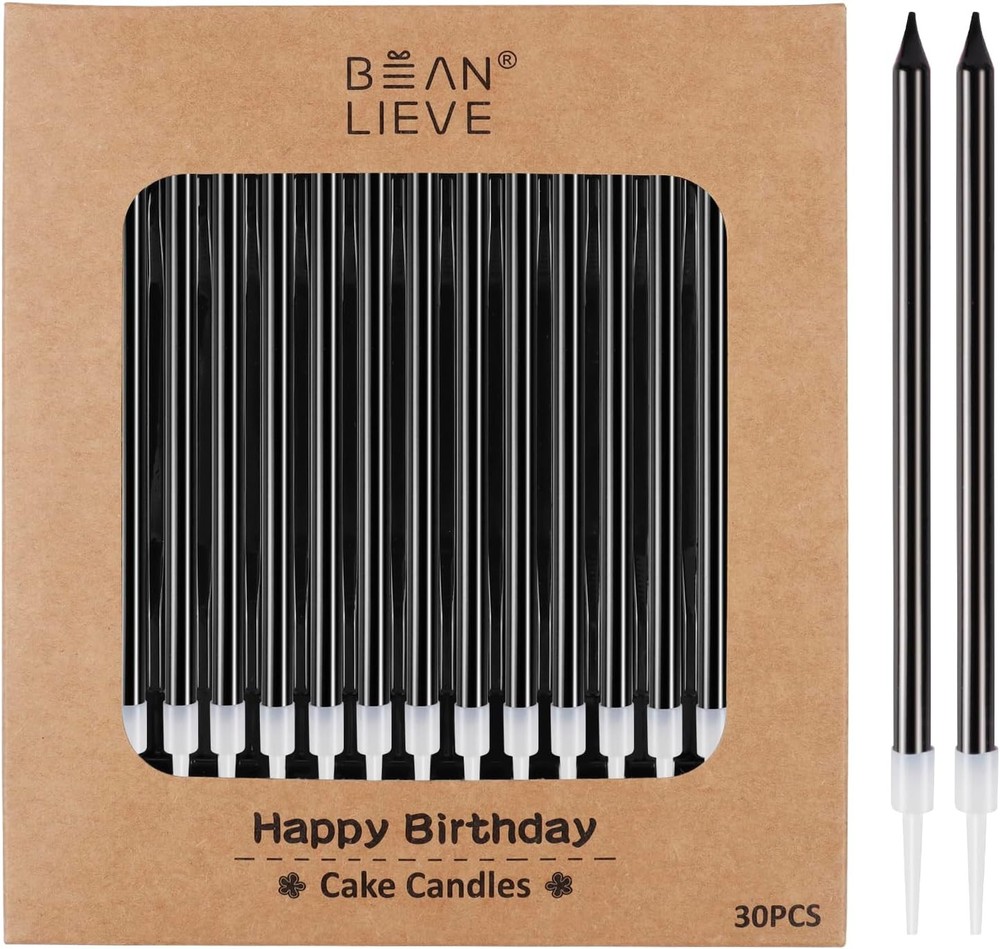BEAN LIEVE 30-Count Black Long Thin Birthday Candles, Cake