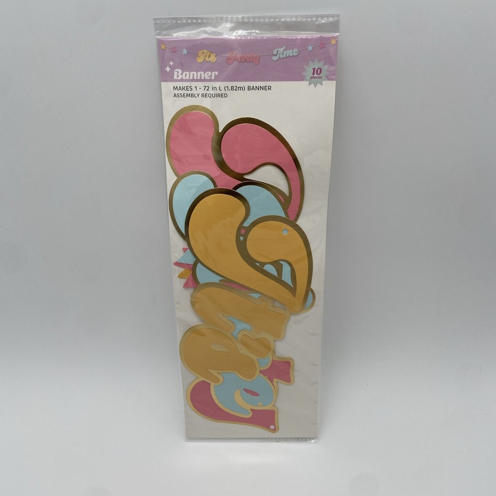 It’s Party Time String Banner Retro Font 72” Pink Blue Yellow Trimmed In Gold