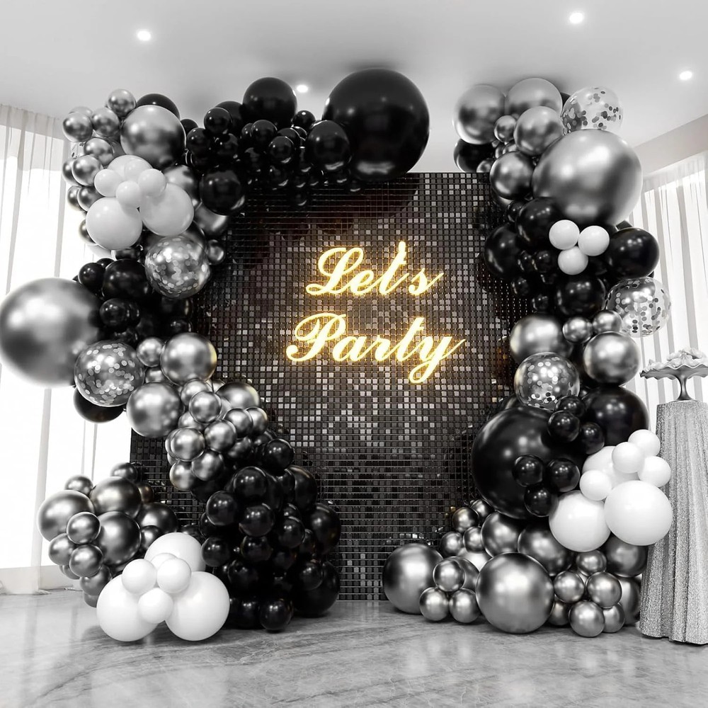 Black and Silver Balloons Garland Kit,119pcs Black White Metallic Silver and Sil
