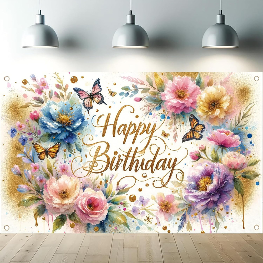 Floral Birthday Backdrop for Girls Spring Butterfly Happy Birthday Photograph…