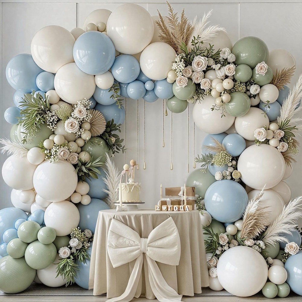155Pcs Dusty Blue Sage Green Balloon Garland Arch Kit, Macaron Blue Moonlight…