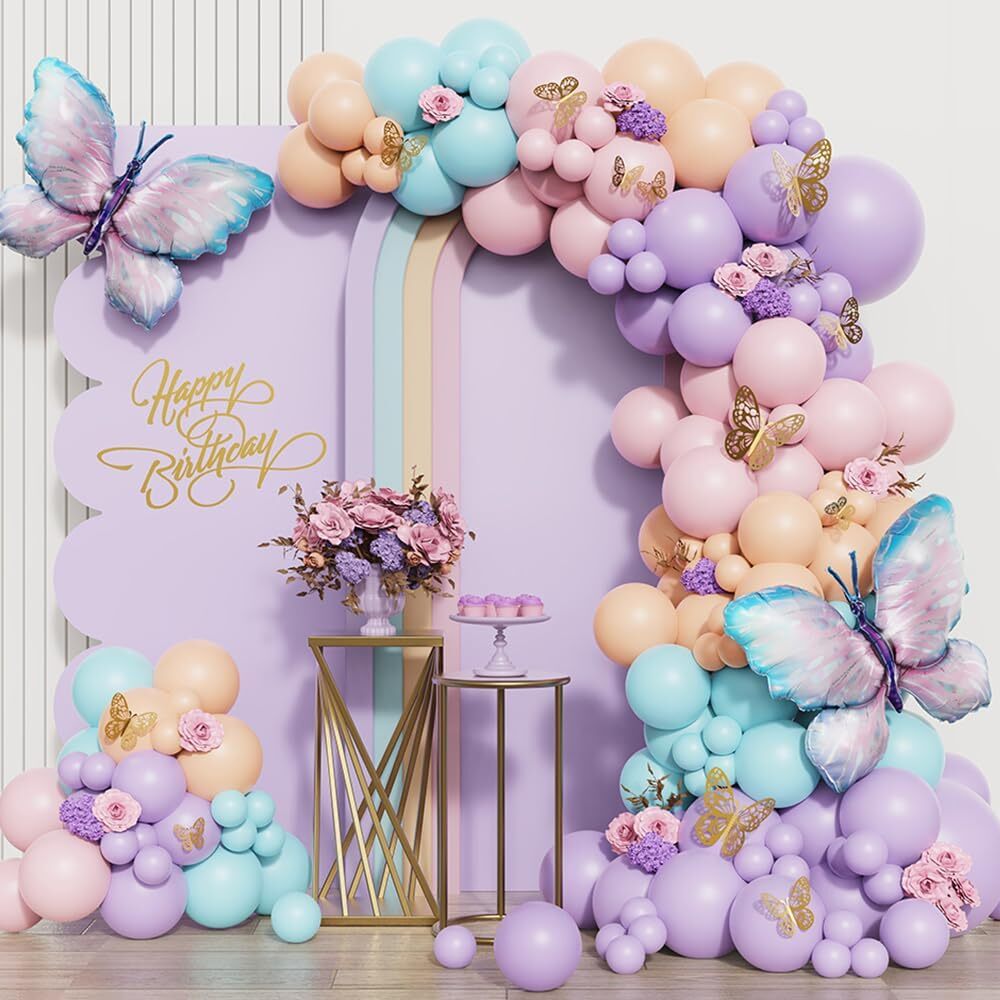 Butterfly Birthday Decorations 150Pcs Pink Blue Butterfly Macaron Pastel Balloon