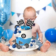42Pcs Black Blue Race Car Balls Cake Decorations Check Flag with Multicolor B…
