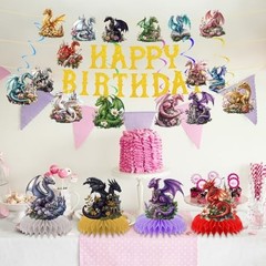 Watercolor Dragon Birthday Party Decorations – Fantasy Wall Banner & Swirls, Kid
