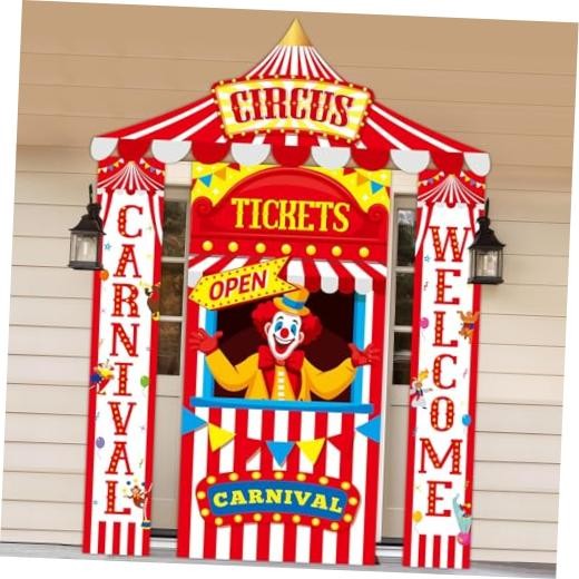 4Pcs Carnival Circus Tent Decorations Include Red and White Striped Porch