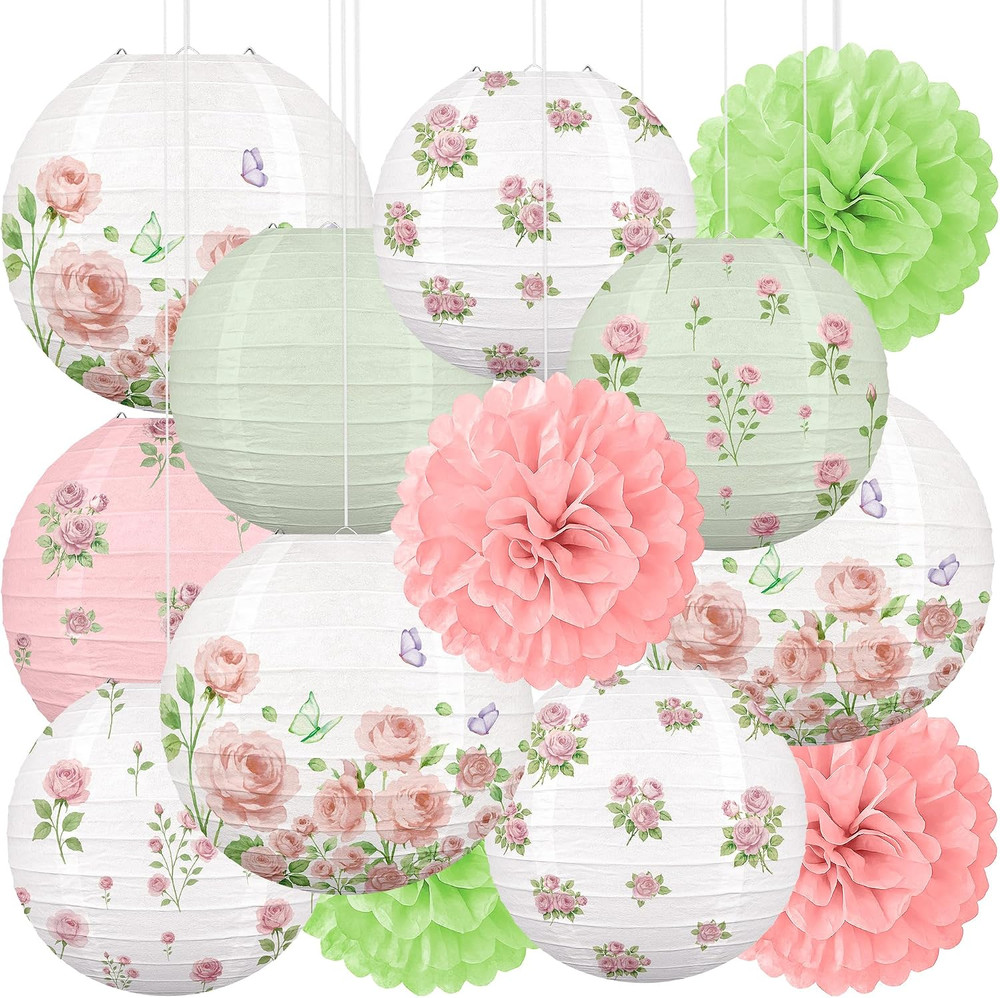 13PCS Spring Wildflower Bridal Shower Party Decorations Rose Paper Lanterns Pom