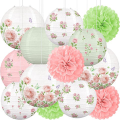 13PCS Spring Wildflower Bridal Shower Party Decorations Rose Paper Lanterns Pom