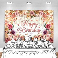 Rose Flower Happy Birthday Backdrop Banner Rose Gold Pink Flowery Birthday Pa…
