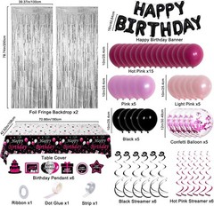 Pink and Black Birthday Decorations for Women Girls, Black and Hot Pink Party De