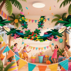 3PCS Tropical Flower Garland, 9.8ft Multicolor Tissue Paper Hibiscus Banner for