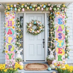 71 x 12 Inches Lighted Happy Easter Door Banner Decorations, Colorful Polka D…