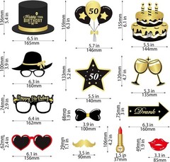 50th Birthday Photo Booth Props, Black and Gold, 55 Pcs with Frame Glitter fo…