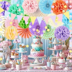 20 PCS Pastel Party Decorations Macaron Rainbow Hanging Paper Fans Honeycomb
