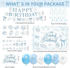 Seashell Party Decorations for Summer Beach Birthday Turned Pretty, Blue Bow Sea