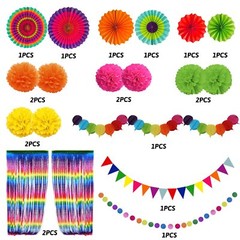 Fiesta Paper Fan Party Decorations Set, Multicolor Cinco De Mayo Pom Poms Pen…