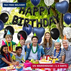 Navy Blue and Black Birthday Decorations for Men,Blue Black White Balloons Happy