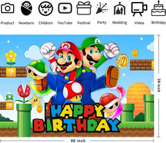 Mario Wall Decor Backdrop for Kids Birthday Decorations, Mario Banner for Birthd