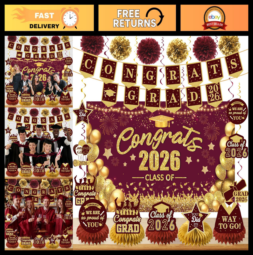 Maroon Gold Graduation Decor Pack 2026 – Congrats Grad Banner, Backdrop, Centerp