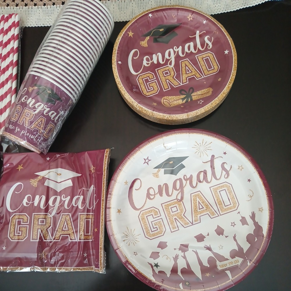 193 Piece Congrats Grad Maroon And Gold Party Set. Brand New And Ships Free!