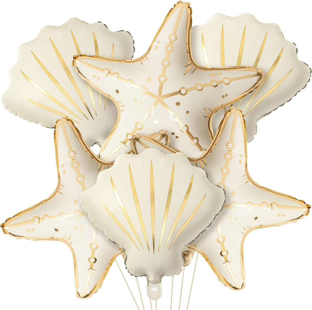 Gejoy 6 Pcs Under The Sea Party Decorations, Starfish & Seashell Foil Balloons,
