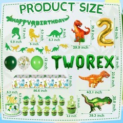 Two Rex Dinosaur 2nd Birthday Party Decorations Pack – Green Dinosaur Theme -…