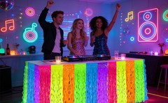 4 Pack Neon Tinsel Foil Fringe Table Skirts 108 x 29.5 Inch Glow in The Dark