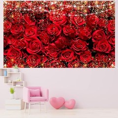 Happy Valentine’s Day Banner Backdrop – 73 x 43 Inch Large Size Red Rose