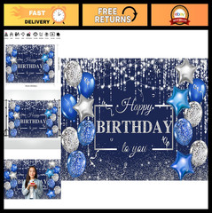 8x6ft Blue Birthday Backdrop with Silver Glitter & Balloons – Party Photo Booth