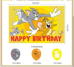 Cartoon Cat Backdrop 5×3 Vinyl Tom Cat Birthday Party and balloons