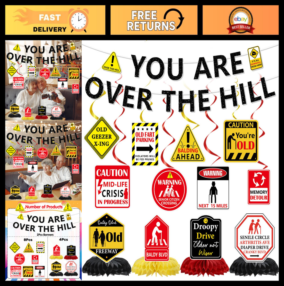 Over The Hill Birthday Decorations Set – 14 Pcs Banners & Swirls for 50th Party
