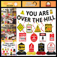 Over The Hill Birthday Decorations Set – 14 Pcs Banners & Swirls for 50th Party