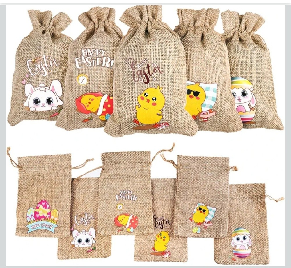 36 Pcs Easter Burlap Goody Bags,Egg Bunny Chick Treat Drawstring Linen Bags
