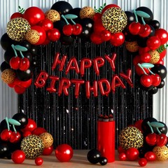 119Pcs Red Cheetah Print Birthday Decorations Balloons Kit, Black Red Cherry …