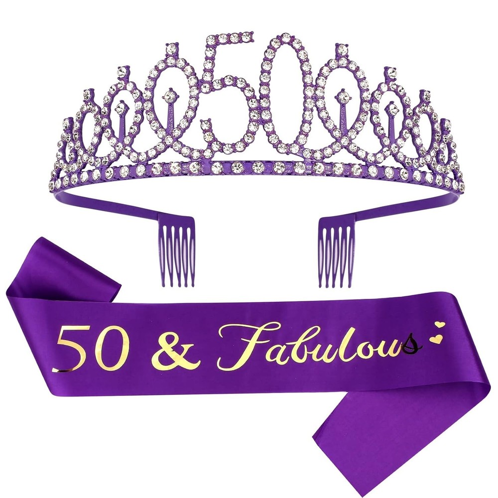 Purple 50th Birthday Decorations – 2 Piece Set, Sash & Tiara Set