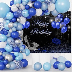 Mocsicka Birthday Backdrop for Women Silver 7x5ft (82×60 inch), Blue,Silver