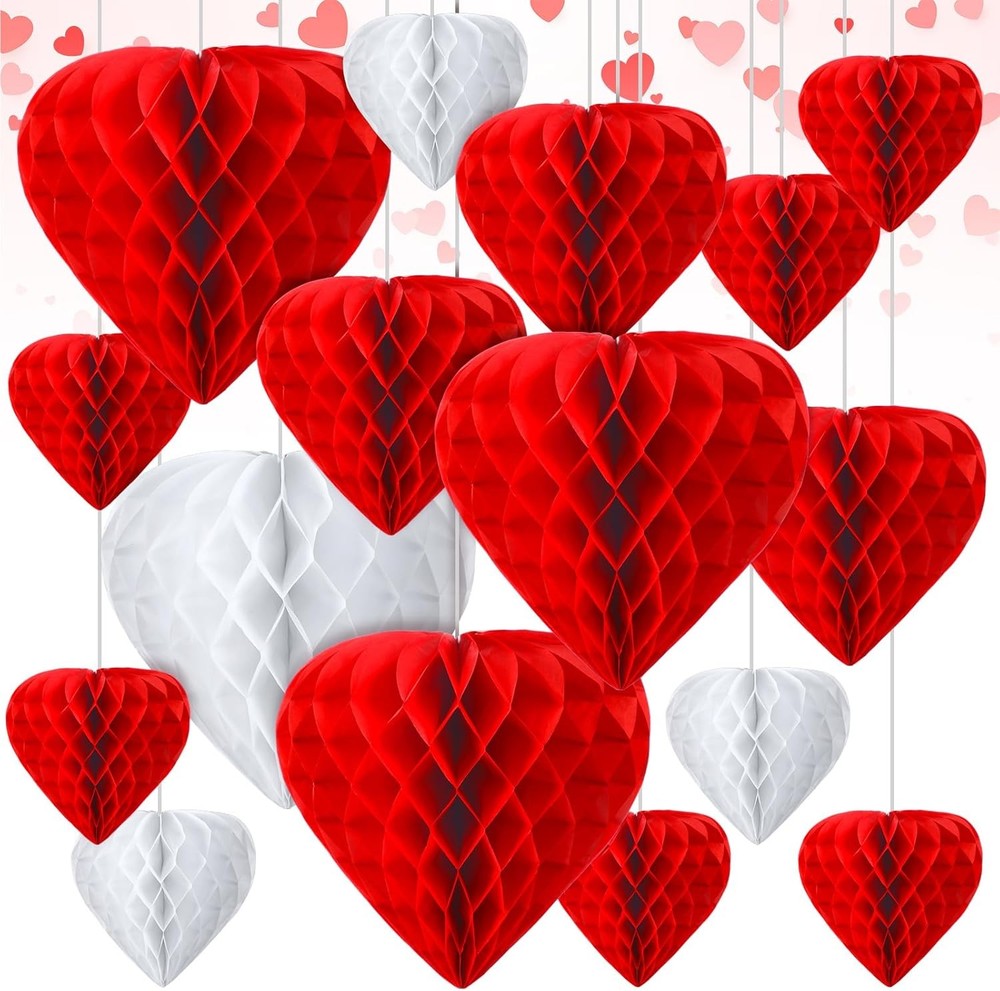 15 Pcs Valentine’s Day Hanging Decorations Heart Shaped Honeycomb Balls Paper Po