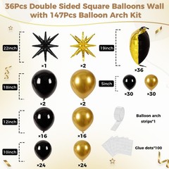 36pcs Gold and Black Square Foil Balloons Wall Backdrop with 147pcs Balloon G…