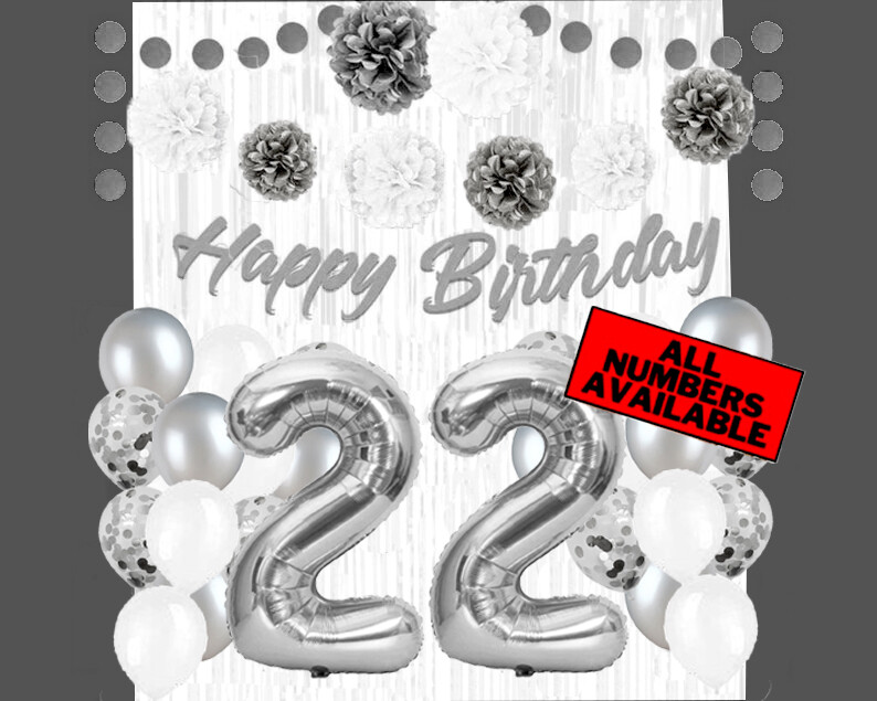 Silver & White 22nd Birthday Decorations – 40″ Number Balloons &More-Boy or Girl