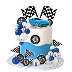 42Pcs Black Blue Race Car Balls Cake Decorations Check Flag with Multicolor B…