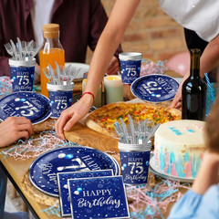 142 Pcs 75th Birthday Tableware Set Decorations Sliver and Blue 75th Happy Bi…