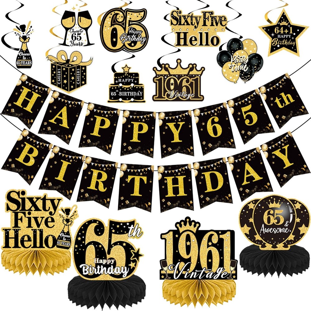 Yoyuspy 65th Birthday Decorations for Men Women, Black and Gold 65