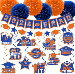 Orange and Blue Graduation Decorations, Grad Banner and Congrats Grad Hanging Sw