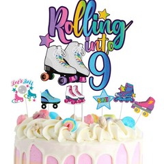 7Pcs Rolling into 9 Cake Toppers Set, Roller Skate, 9th Birthday, Retro, Girl