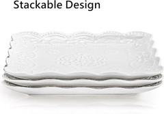 Tebery Set of 4 Square Embossed Ceramic Plate, 10 10 Inch Large, Ivory White