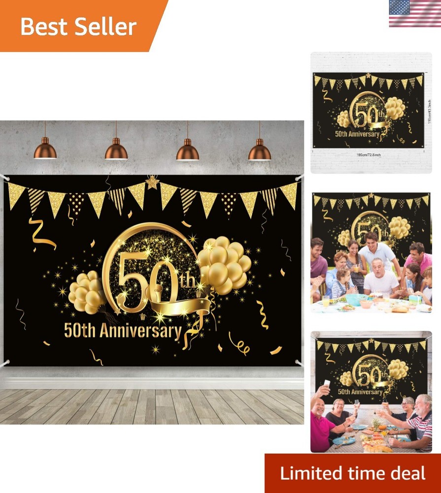 Memorable 50th Party Decoration – Lightweight Black Gold 72.8 x 43.3 Inch Banner