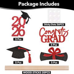 20 PCS Graduation Decorations Class of 2026, Black and Red Double-Sided Centerpi