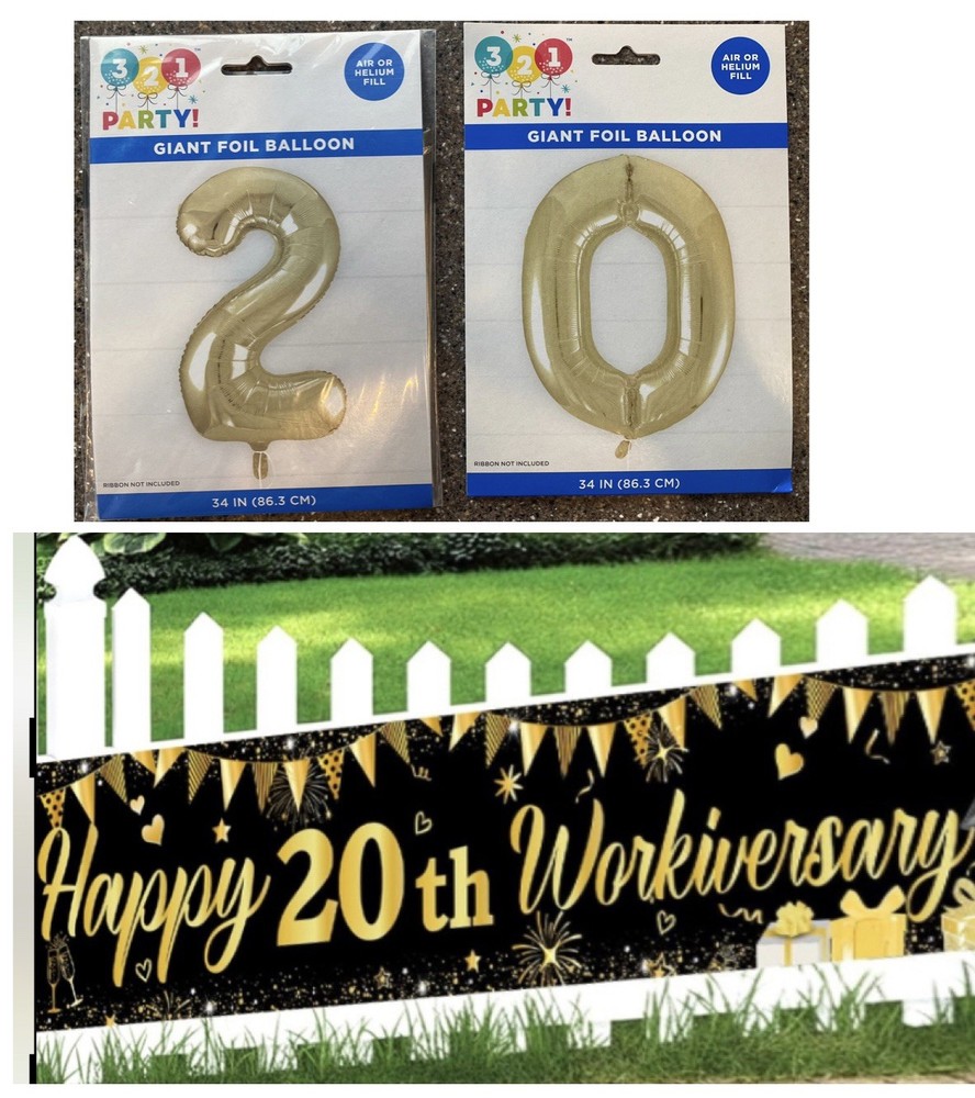 Happy 20th Workiversary 20 Years Large Banner Work Anniversary & gold balloons