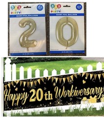 Happy 20th Workiversary 20 Years Large Banner Work Anniversary & gold balloons